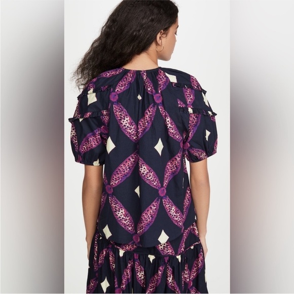 Ulla Johnson Arusi Top Plum Diamond‎ NEW Size 2 Cotton Poplin Ruffle Puff Sleeve - Picture 4 of 16